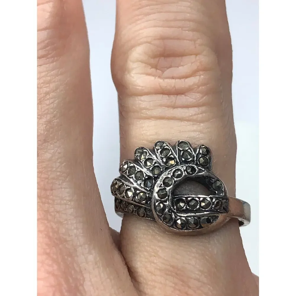 Ring Vintage Fashion Jewelry Art Deco Marcasite Sterling Silver Fan Knot Size 6